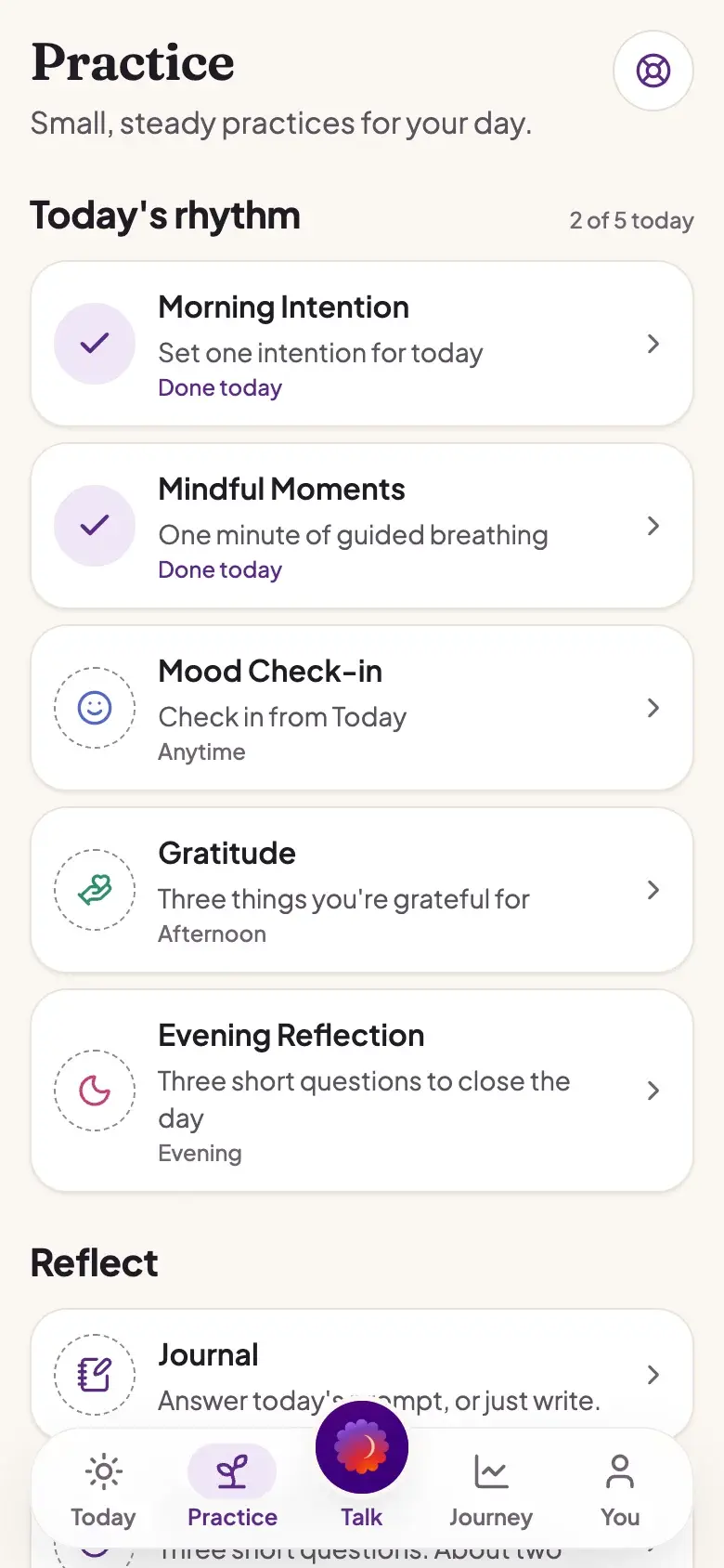 Practice screen: the five daily practices, two of them done today