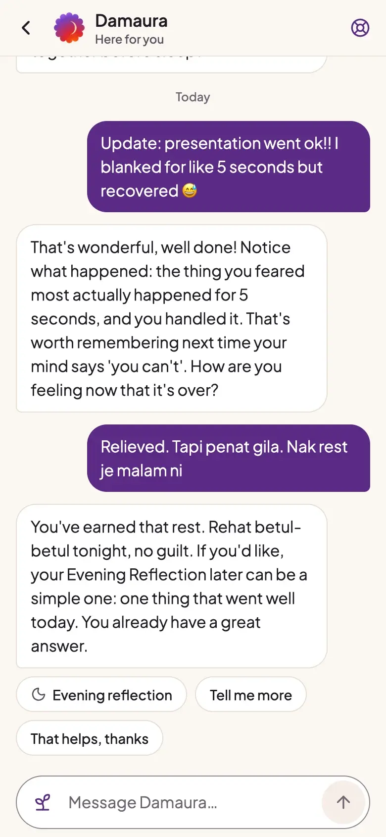 Talk screen: a conversation that mixes English and Bahasa Malaysia
