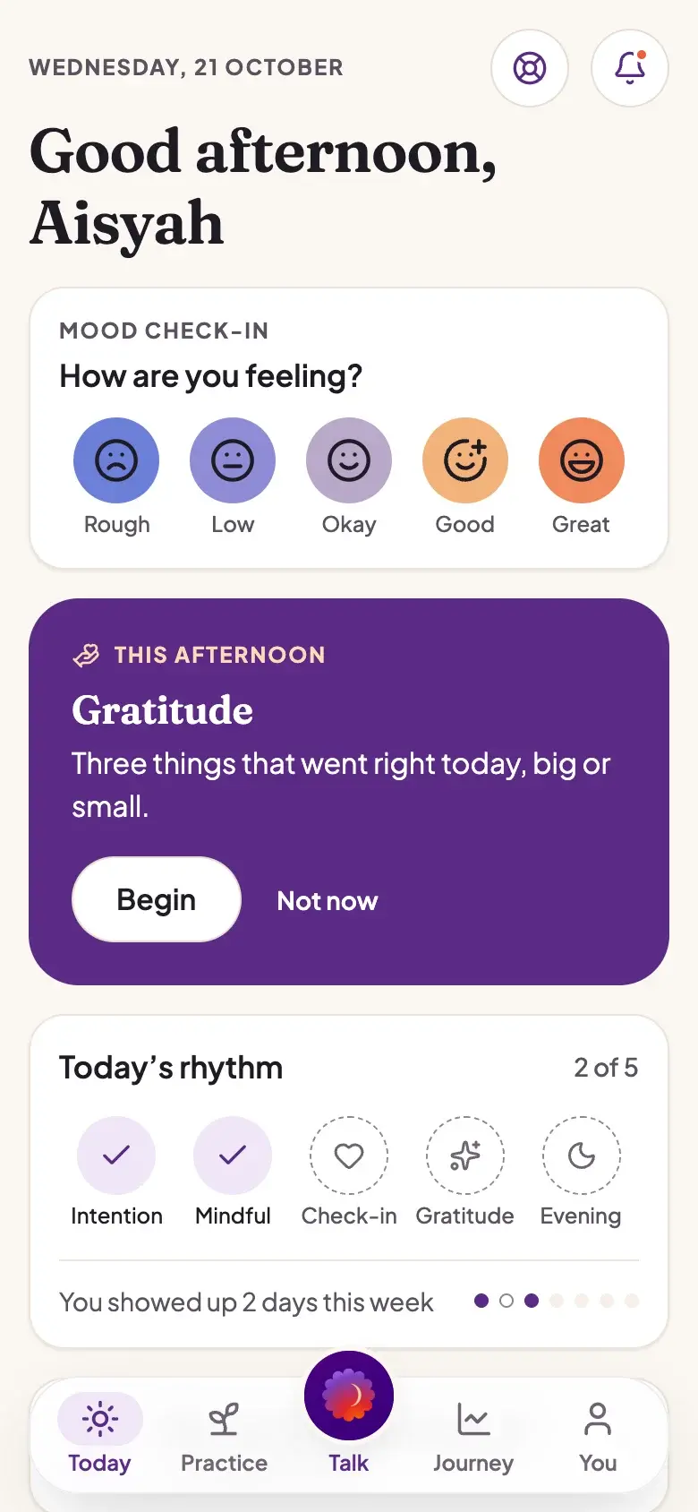 Today screen: a greeting, a one-tap mood check-in and a suggested gratitude practice